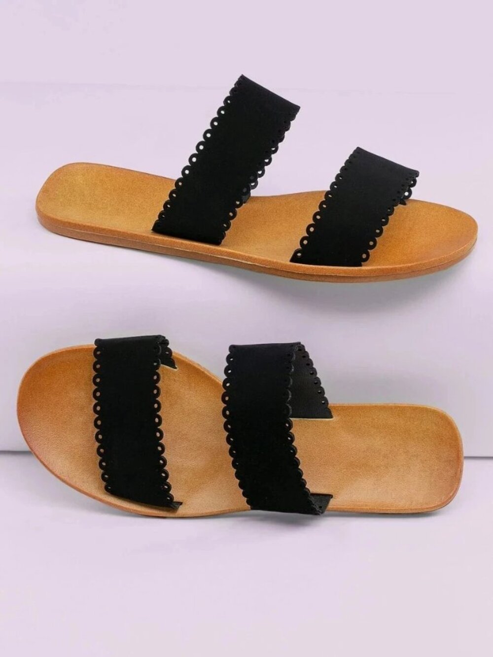 SHEIN Scalloped Edge Double Band Flat Slide Sandals Women’s Size 8.5, Black